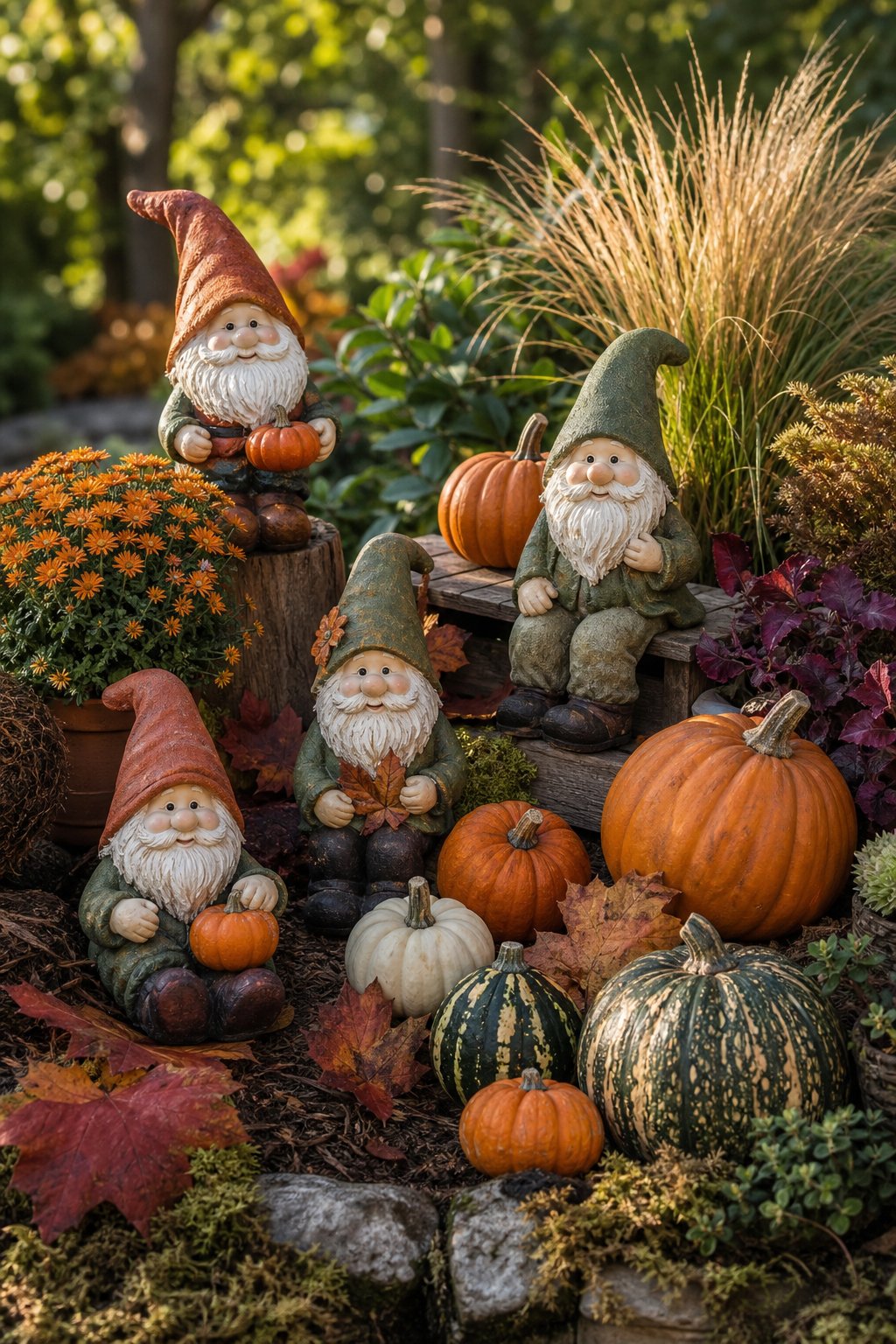 Garden gnomes arranged among pumpkins and autumn foliage in a seasonal outdoor display.
