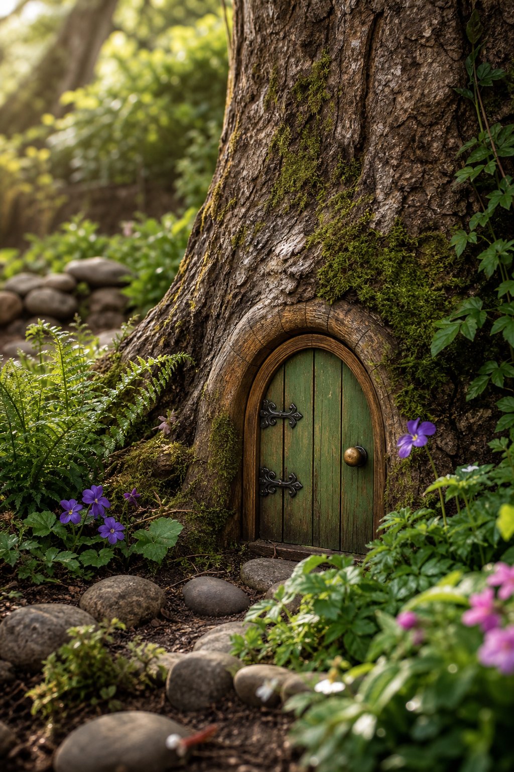 A tiny green wooden door nestled among moss and plants at the base of a large tree.