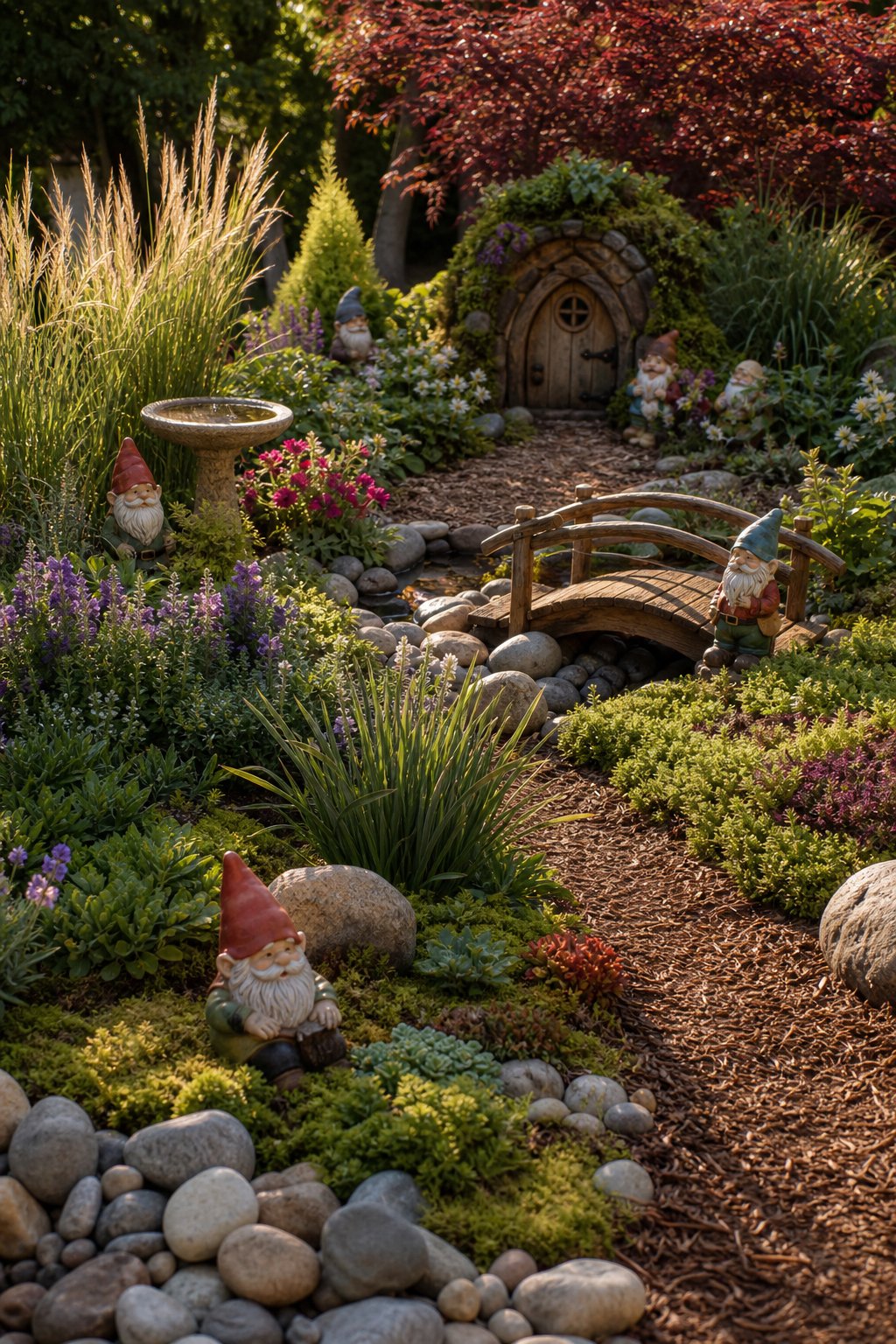 A carefully arranged garden with colorful gnomes among flowers, shrubs, stones, and a winding path.