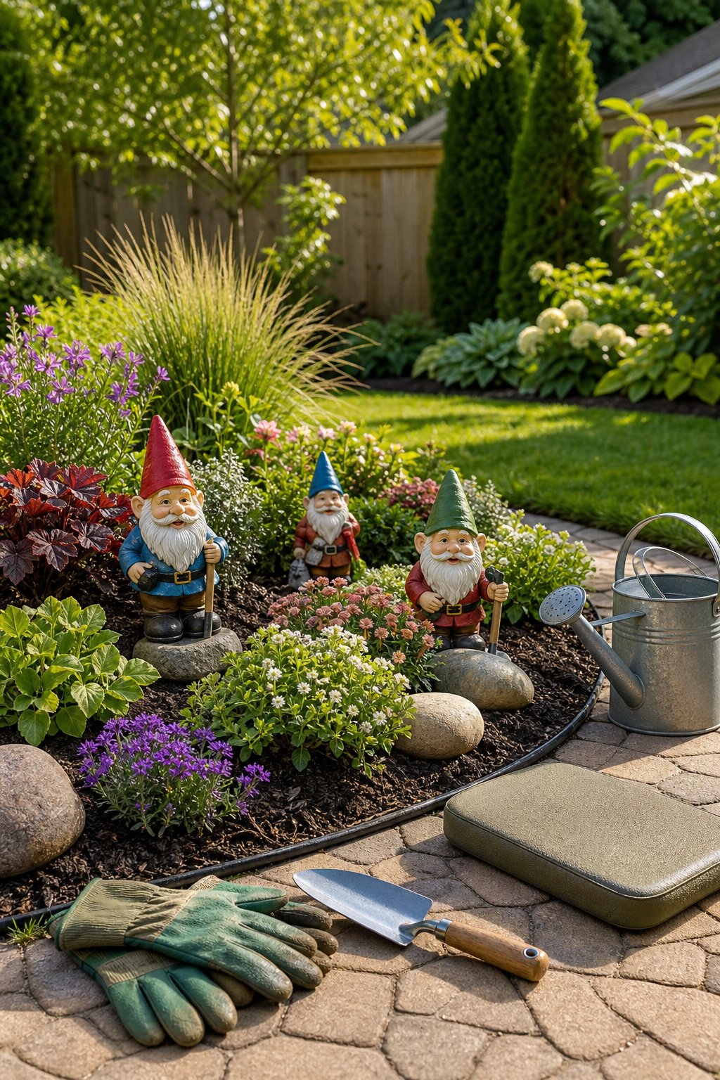 A well-maintained garden bed with colorful plants, decorative gnomes, gardening tools, mulch, and stones.