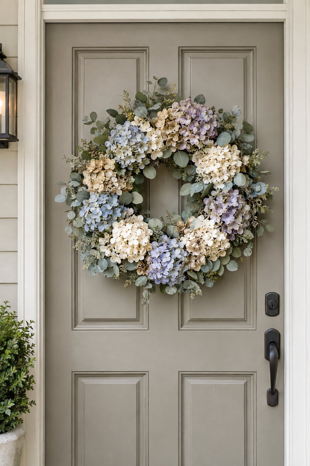 A dried hydrangea and eucalyptus wreath hangs on a front door.