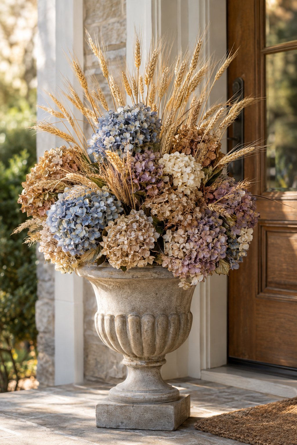 A porch urn filled with dried hydrangeas and tall wheat stalks beside a front door.