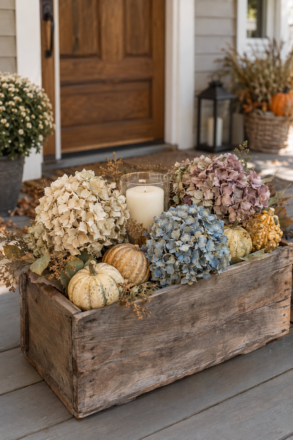 A rustic wooden crate filled with dried hydrangeas, gourds, and an unlit candle on a front porch.