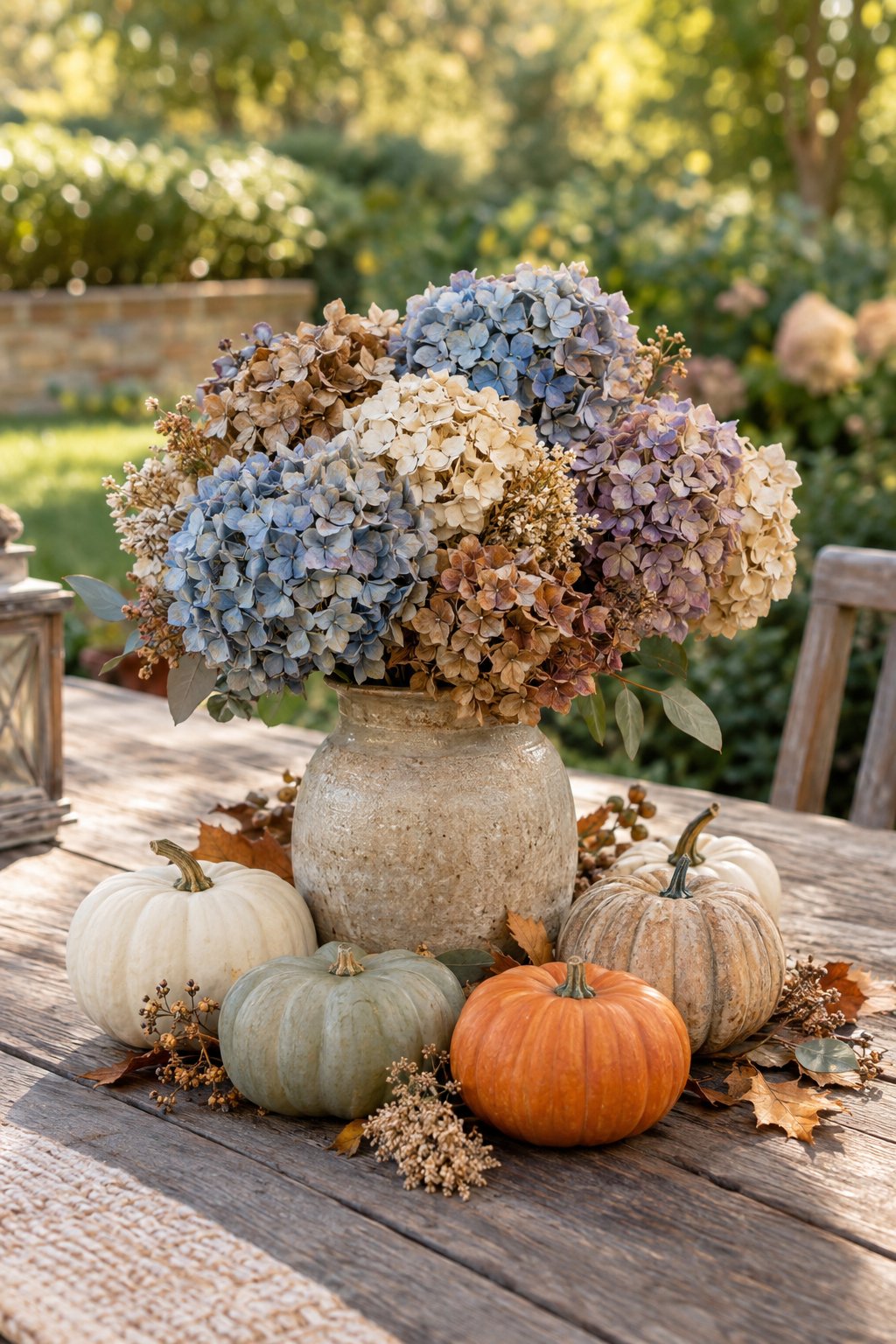 A dried hydrangea arrangement in a ceramic vase surrounded by small pumpkins on a garden table.