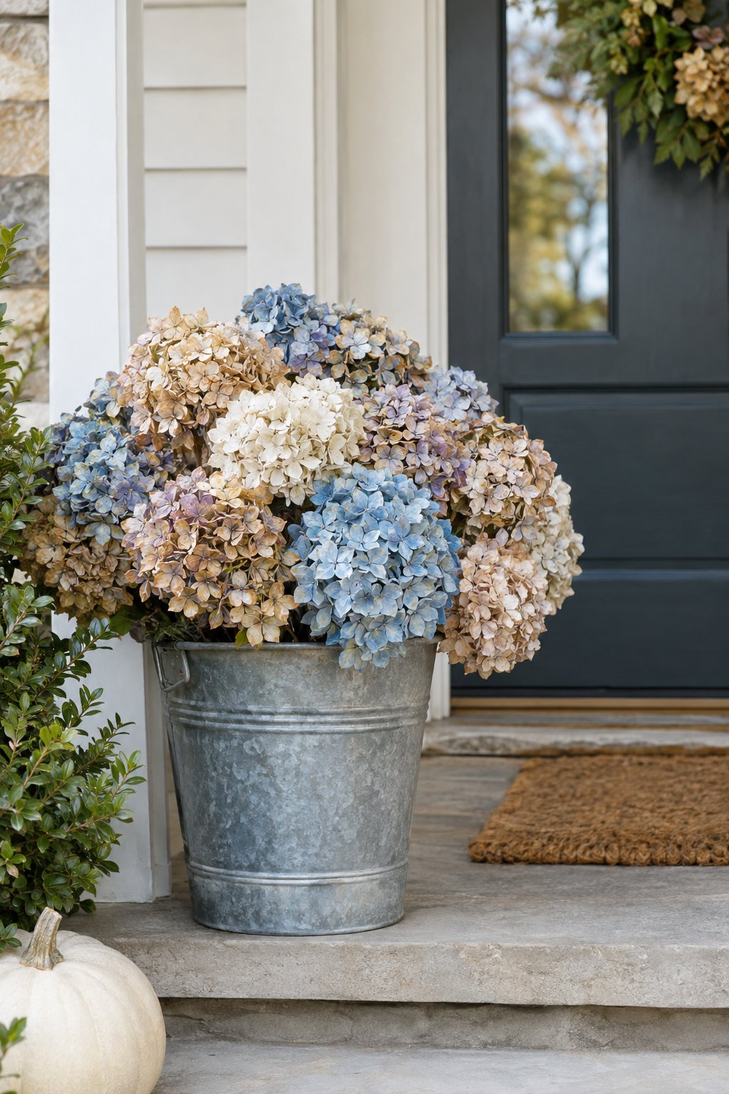 A galvanized bucket filled with dried hydrangeas sits beside a residential front door on outdoor steps.