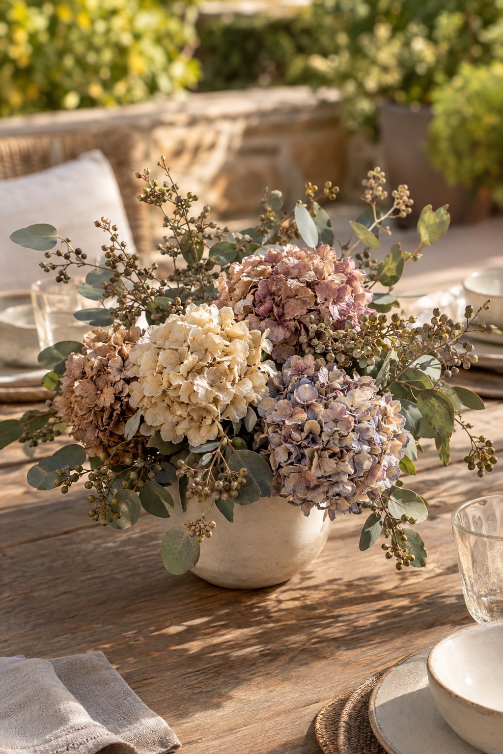A patio table displays a vase of dried hydrangeas and seeded eucalyptus.