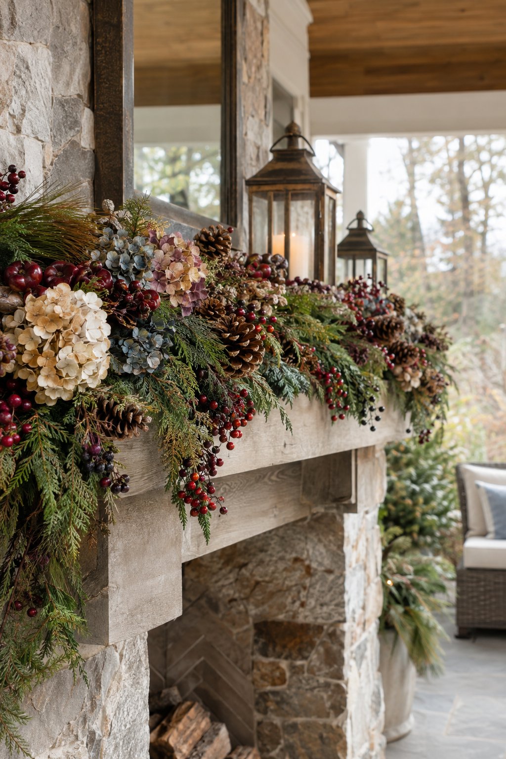 An outdoor mantel decorated with dried hydrangeas, pinecones, greenery, and red berries.