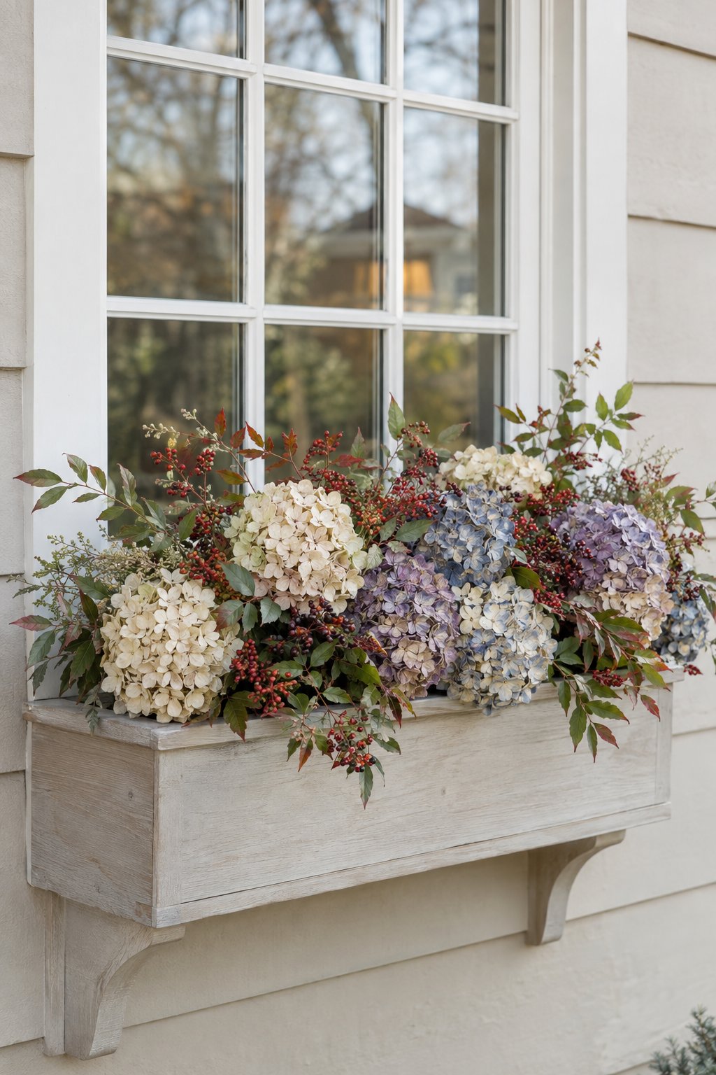 A window box filled with dried hydrangeas and faux nandina stems beneath a home window.