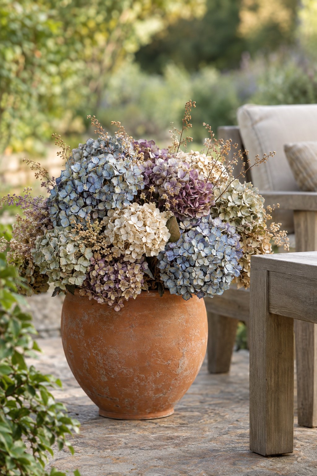 A terracotta pot filled with dried hydrangea blooms on a patio.