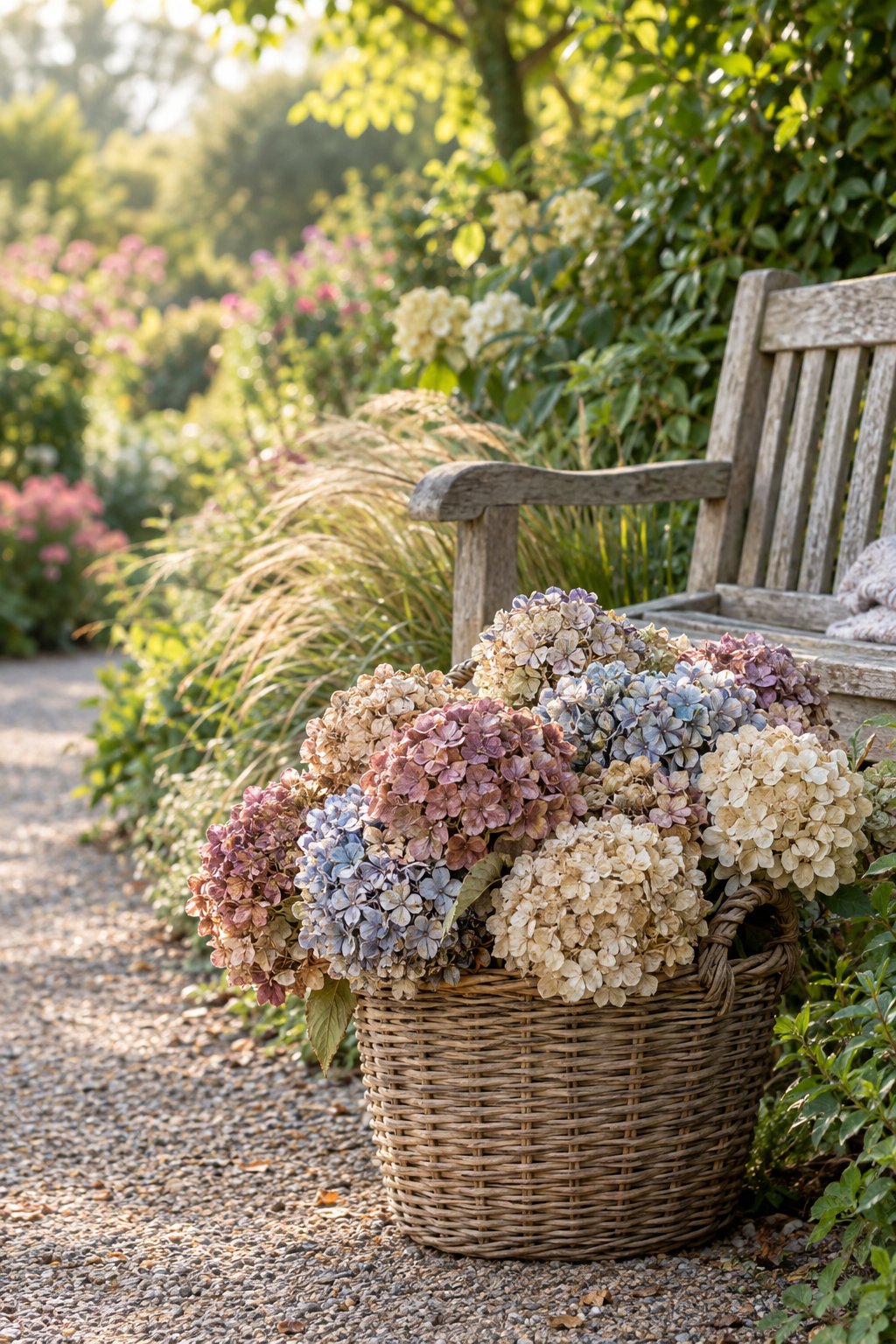 A basket of dried hydrangeas sits beside a wooden garden bench.