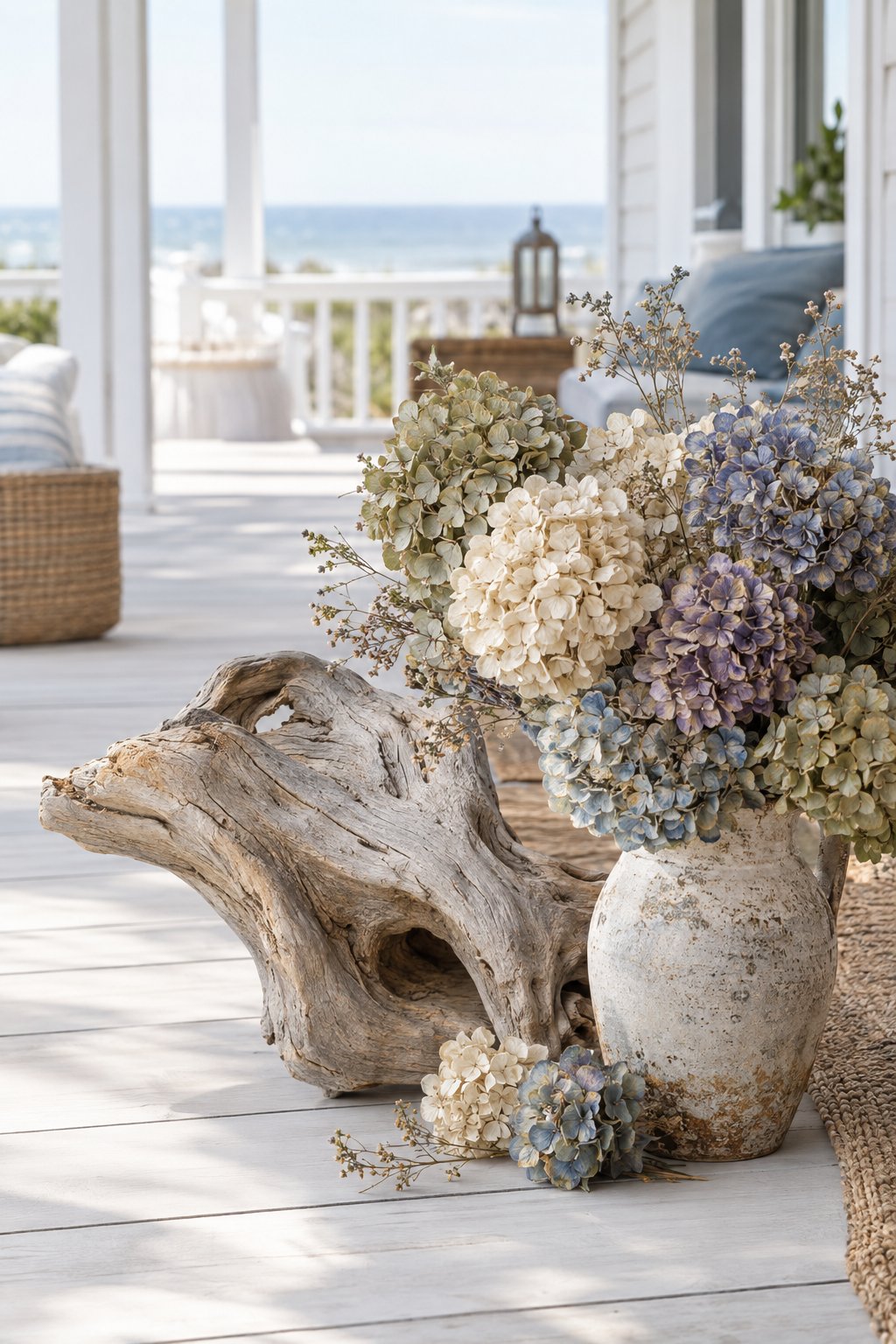Dried hydrangeas arranged with driftwood on a coastal porch.