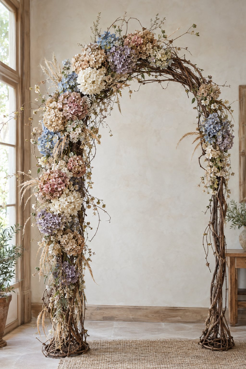 A grapevine arbor decorated with dried hydrangea flowers and delicate grasses.