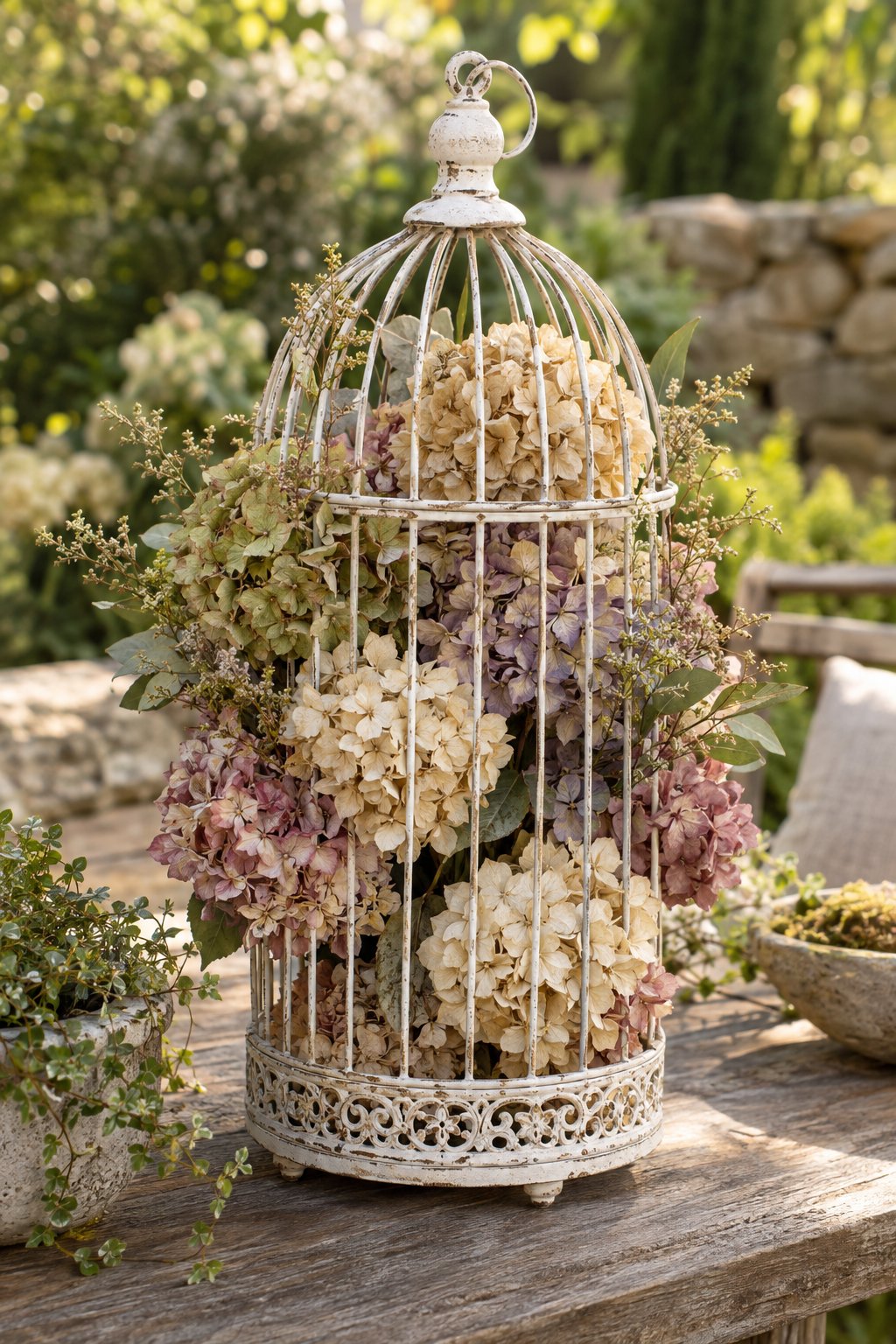 A vintage birdcage filled with dried hydrangeas sits on a garden table surrounded by greenery.