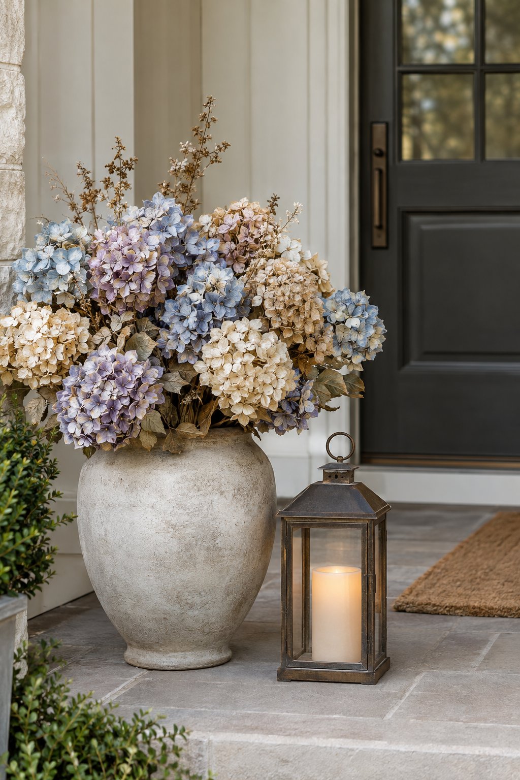 A dried hydrangea arrangement and lantern decorate a front porch beside a doorway.