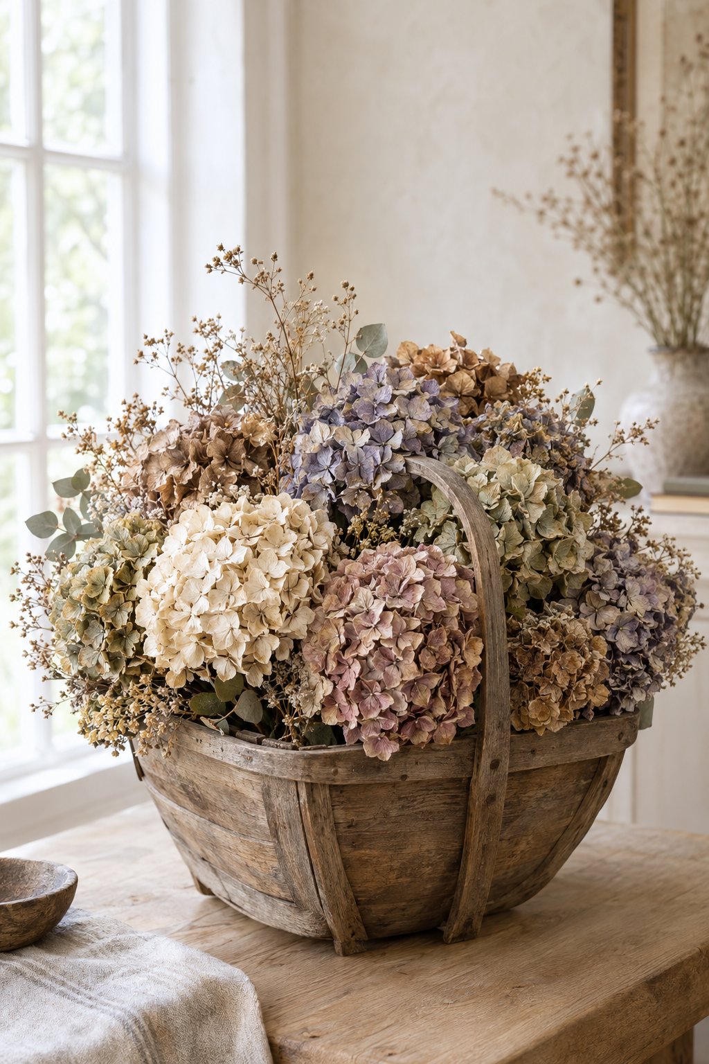 A dried hydrangea bouquet arranged in a rustic wooden garden trug.