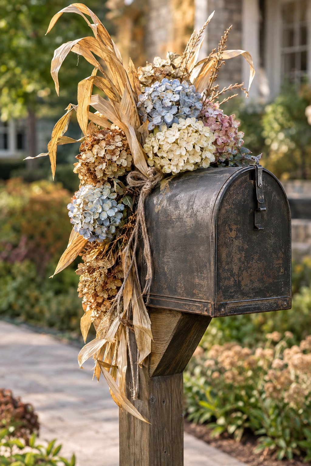 A residential mailbox decorated with dried hydrangeas and cornstalks.