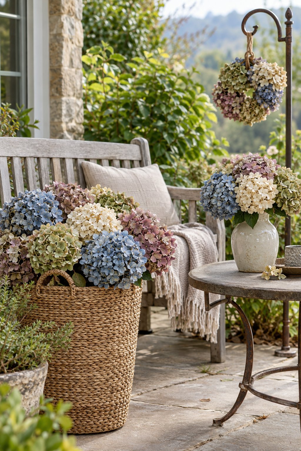 Dried hydrangea arrangements decorate a sunlit outdoor patio with a bench, table, basket, and garden hook.