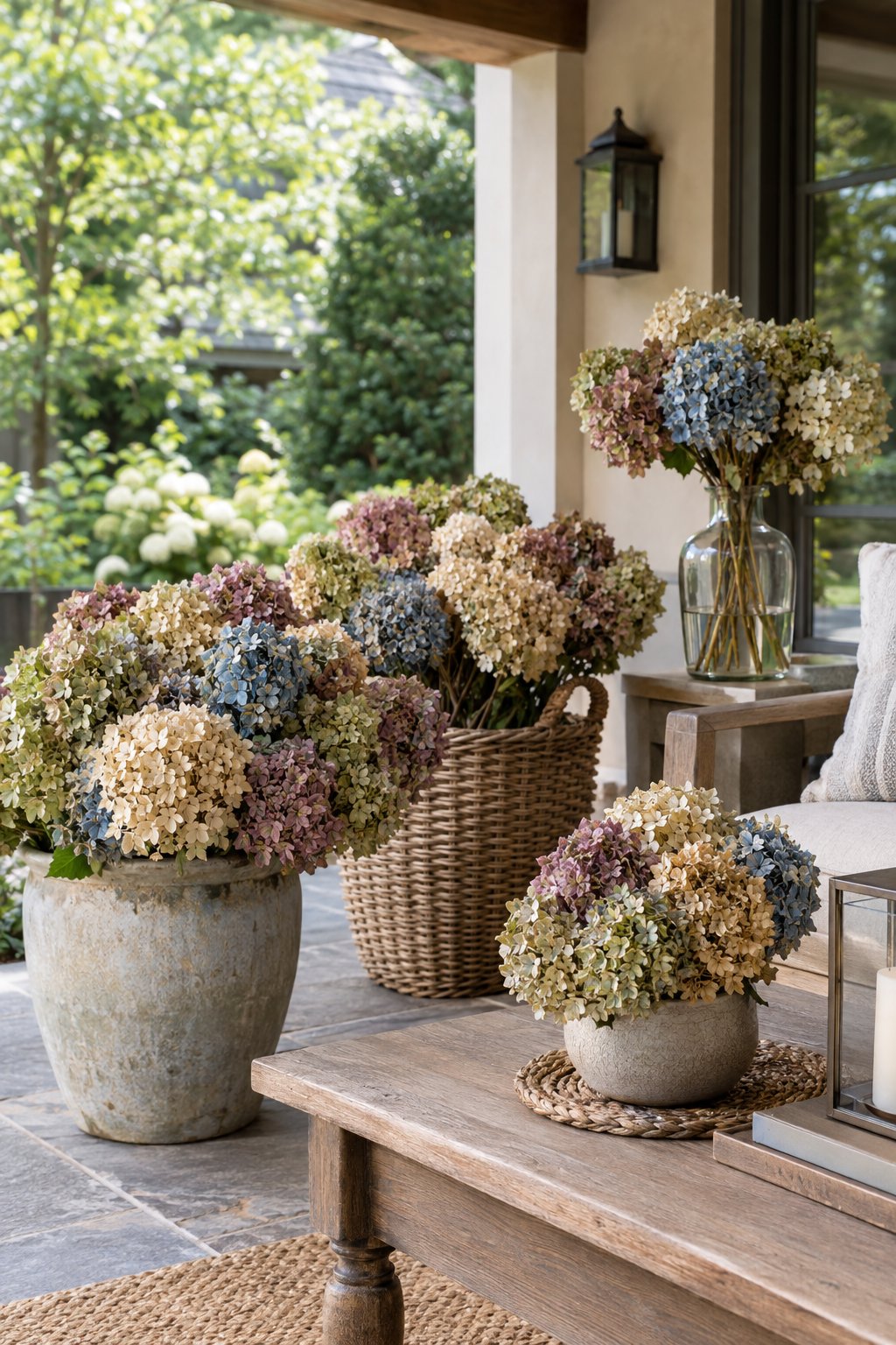 Dried hydrangea arrangements displayed in containers on a sheltered outdoor patio.