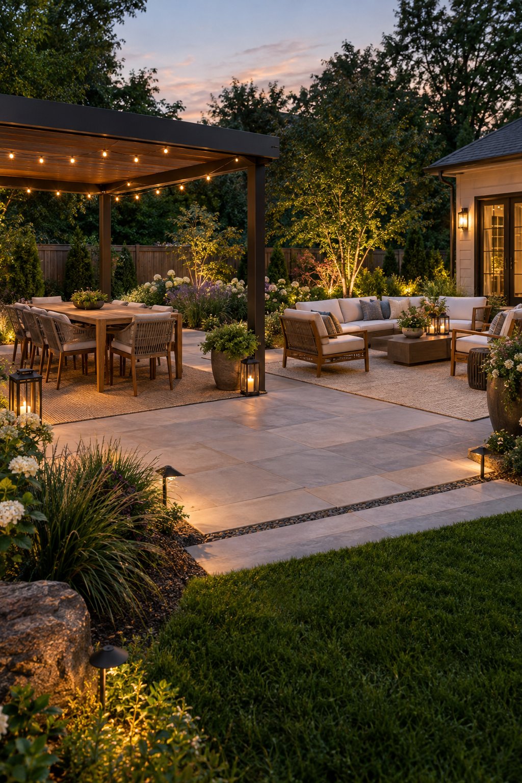 A backyard patio with separate dining and lounge areas surrounded by plants and warm outdoor lighting.
