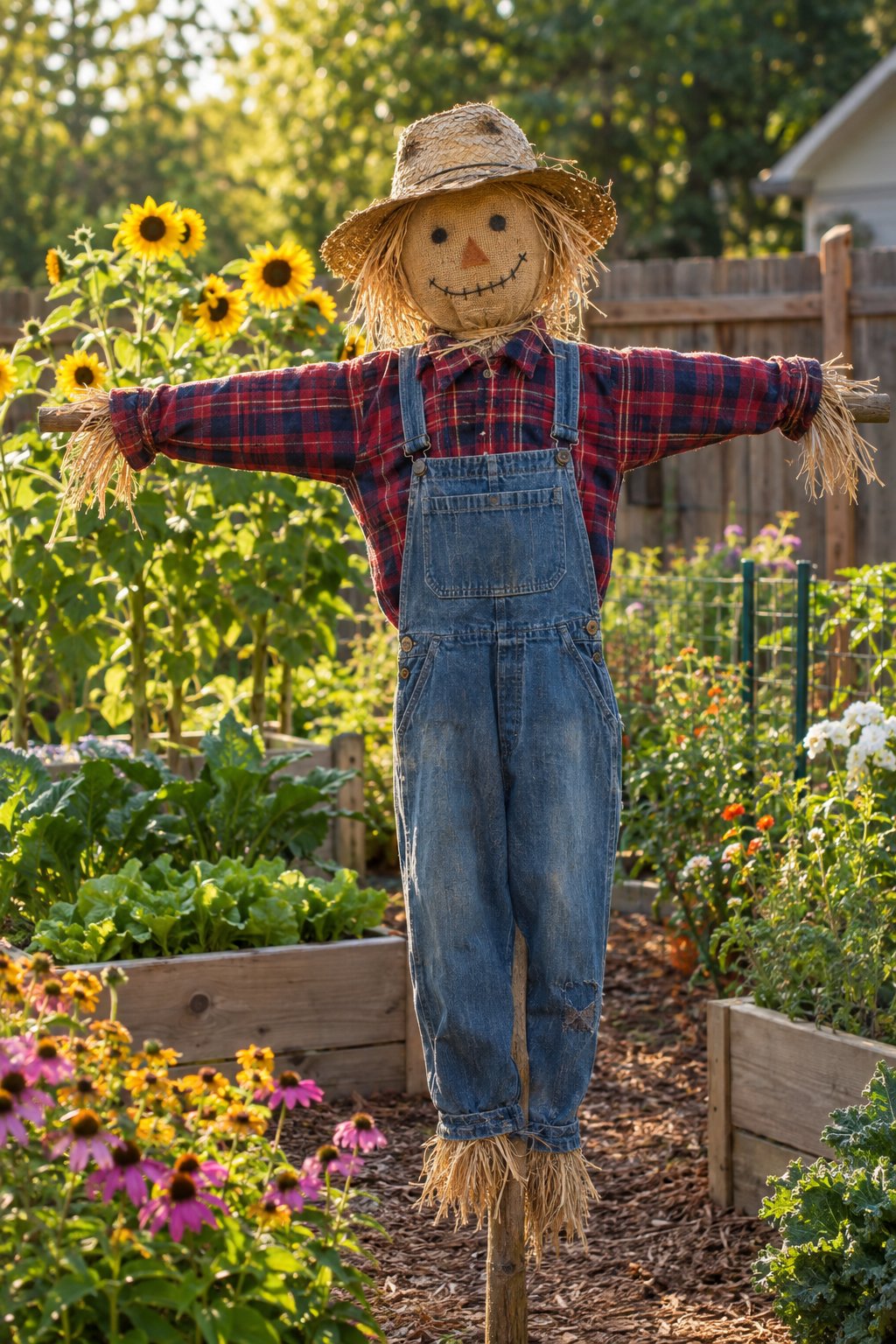A plaid-shirted scarecrow in denim overalls stands in a backyard vegetable garden.