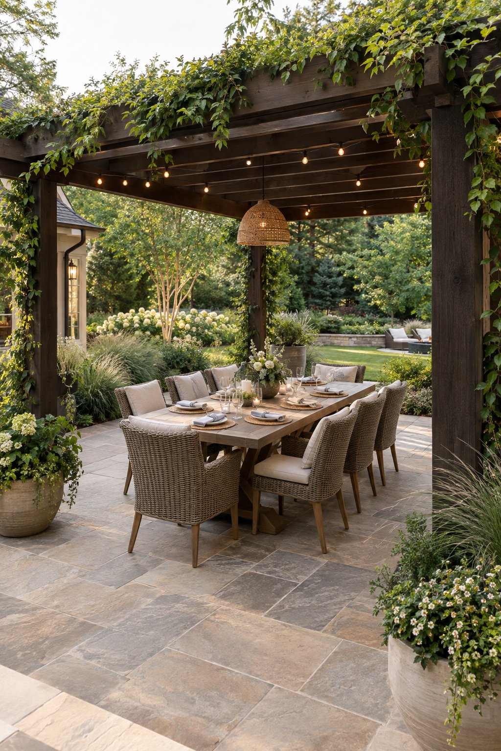 A pergola-covered outdoor dining area with a table, chairs, plants, and patio landscaping in a backyard.