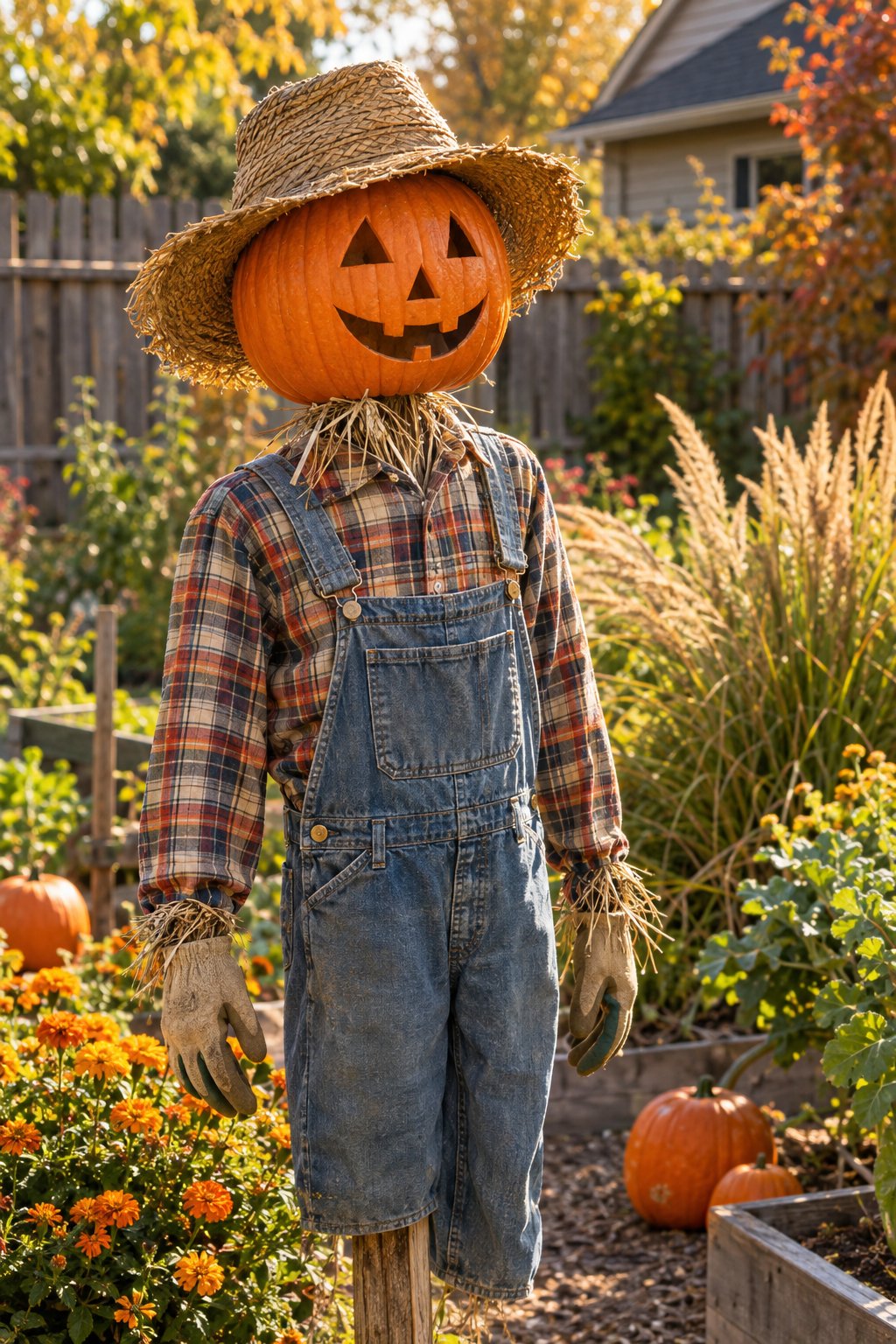 A pumpkin-headed scarecrow wearing a floppy straw hat stands in a backyard garden among autumn plants and pumpkins.