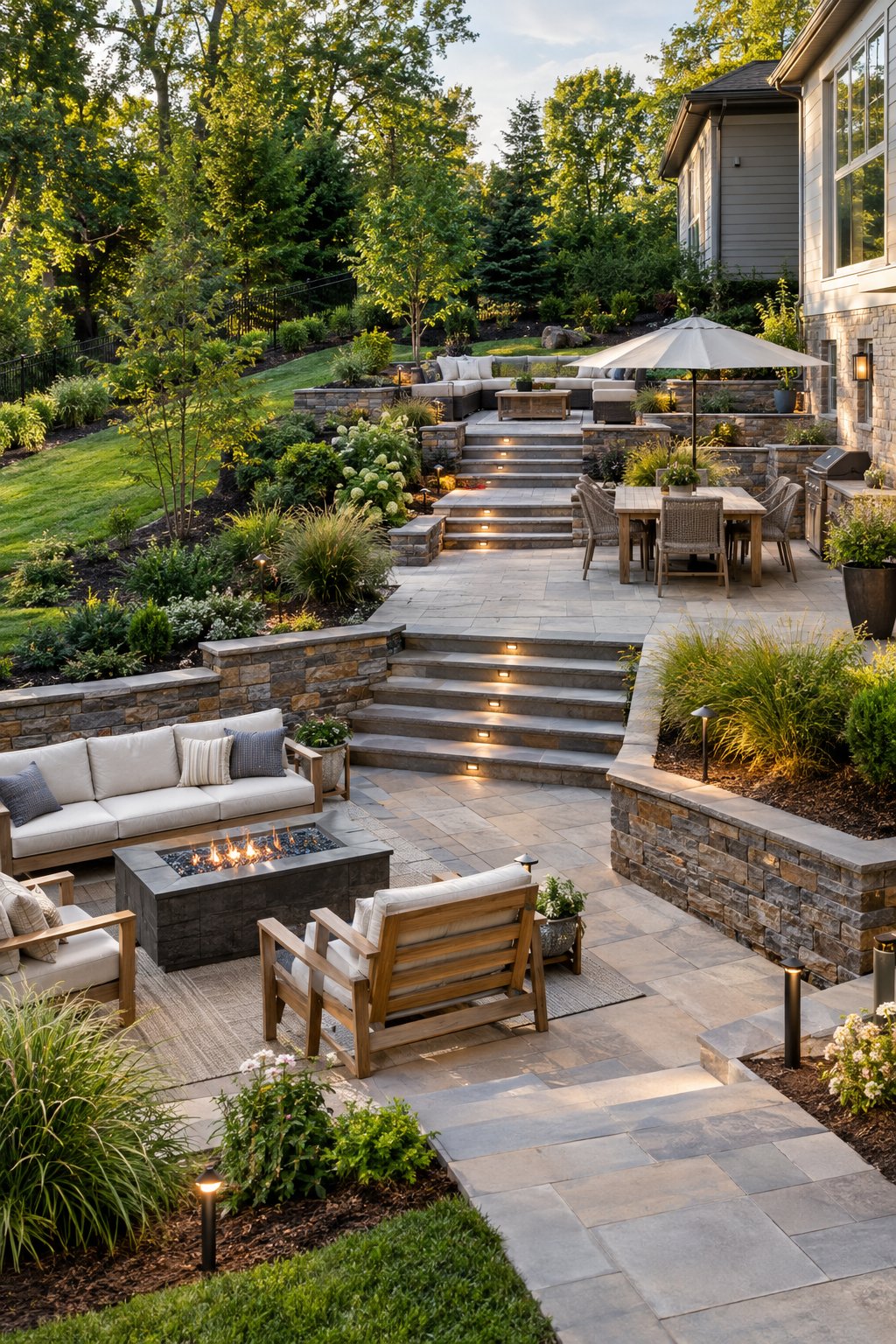 A multi-level stone patio with seating areas built into a sloped backyard.