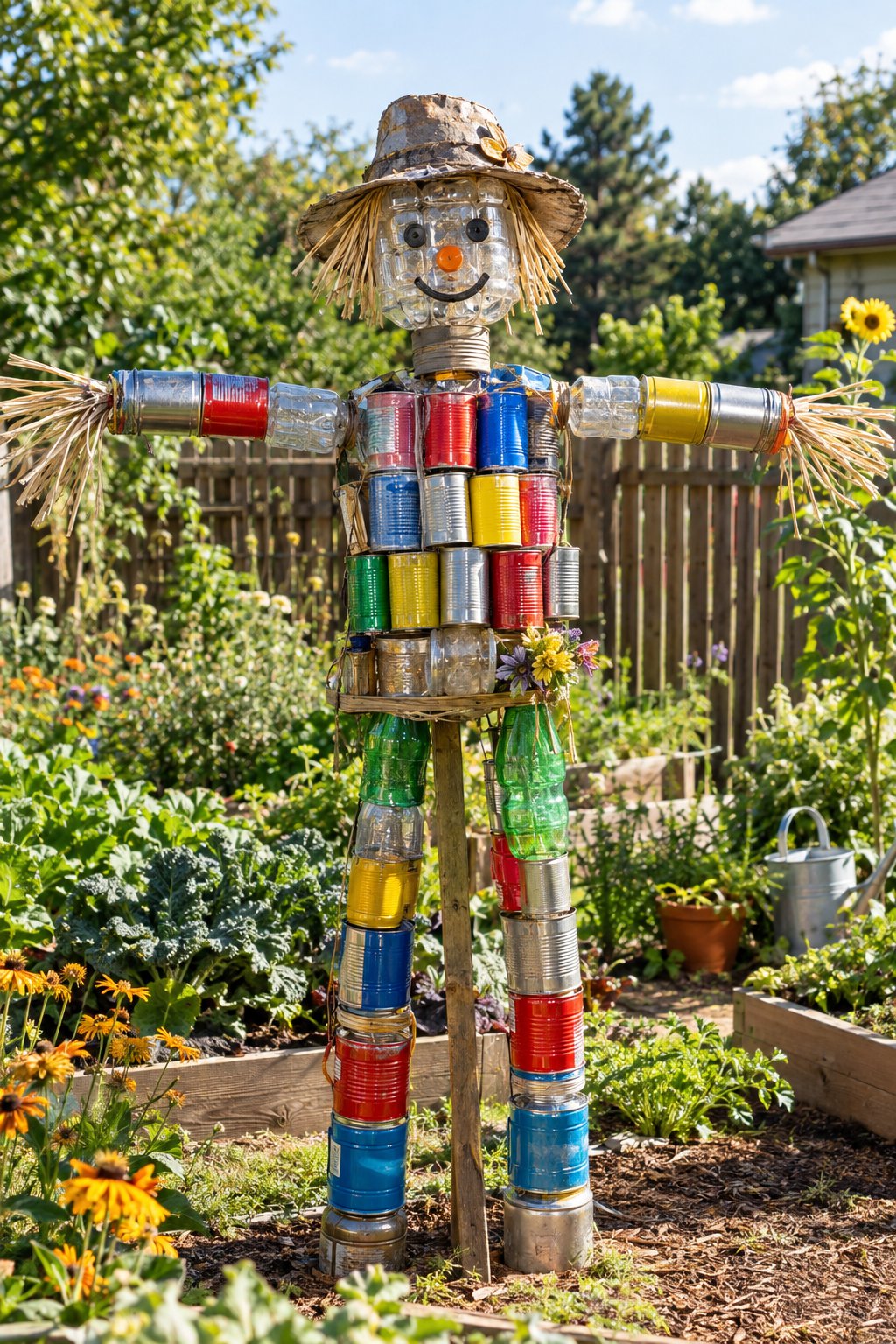 A scarecrow made from recycled bottles and tin cans stands in a sunny backyard garden.