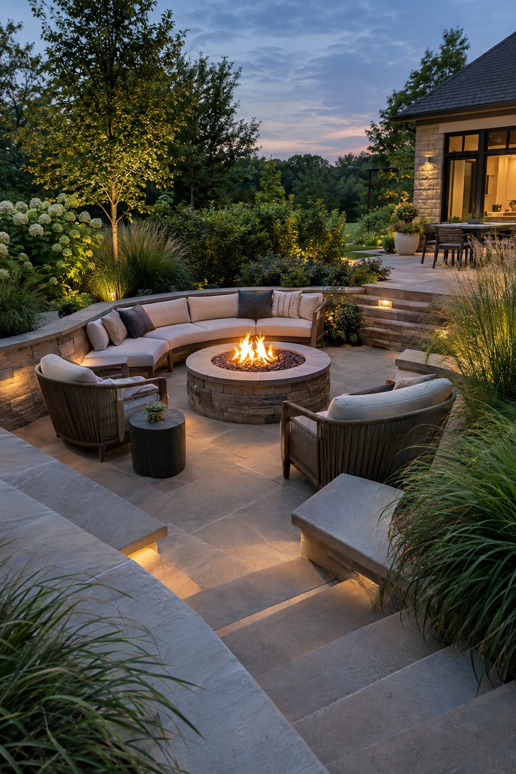 A landscaped backyard patio with a sunken seating area surrounding a central fire pit.