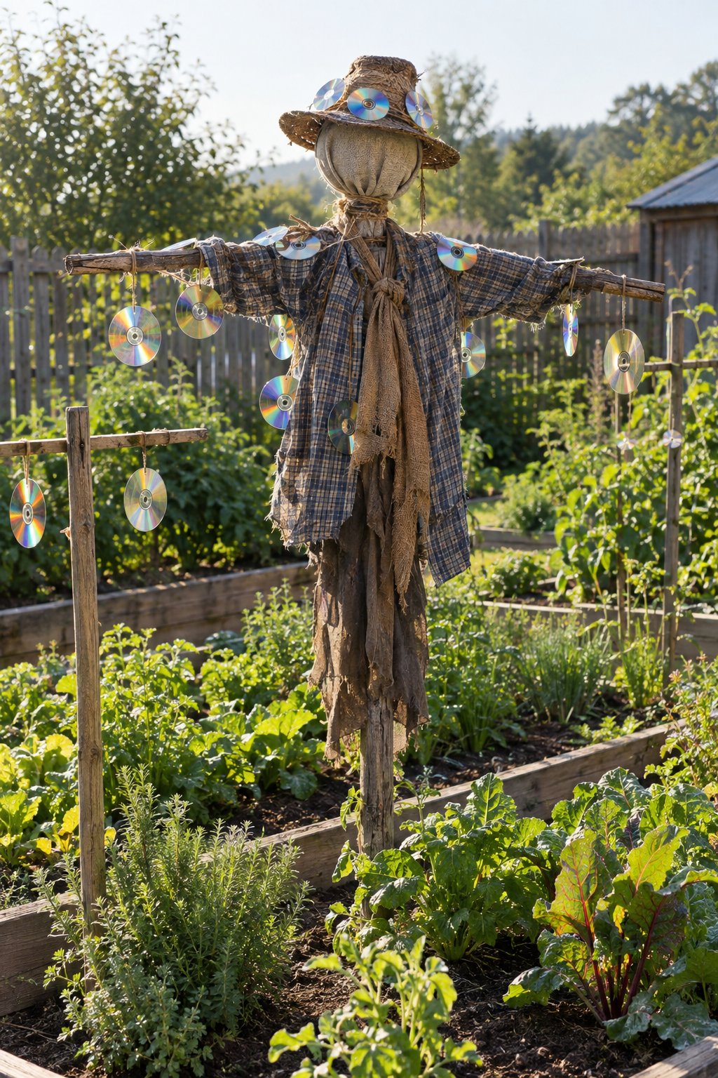 A CD-covered scarecrow stands among vegetable beds in a backyard garden.