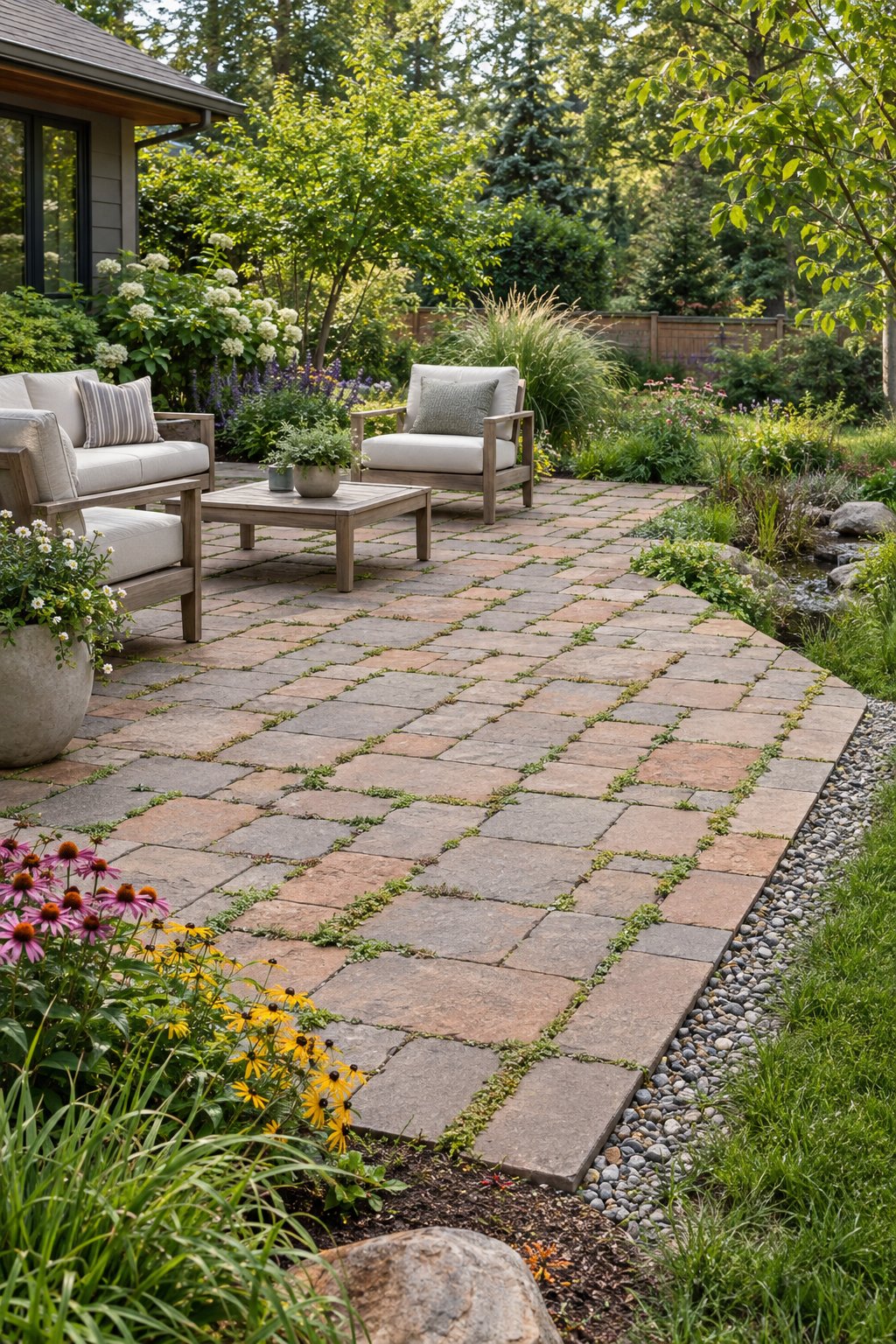A backyard patio made of permeable pavers with small plants growing between the stones, surrounded by garden landscaping and outdoor seating.