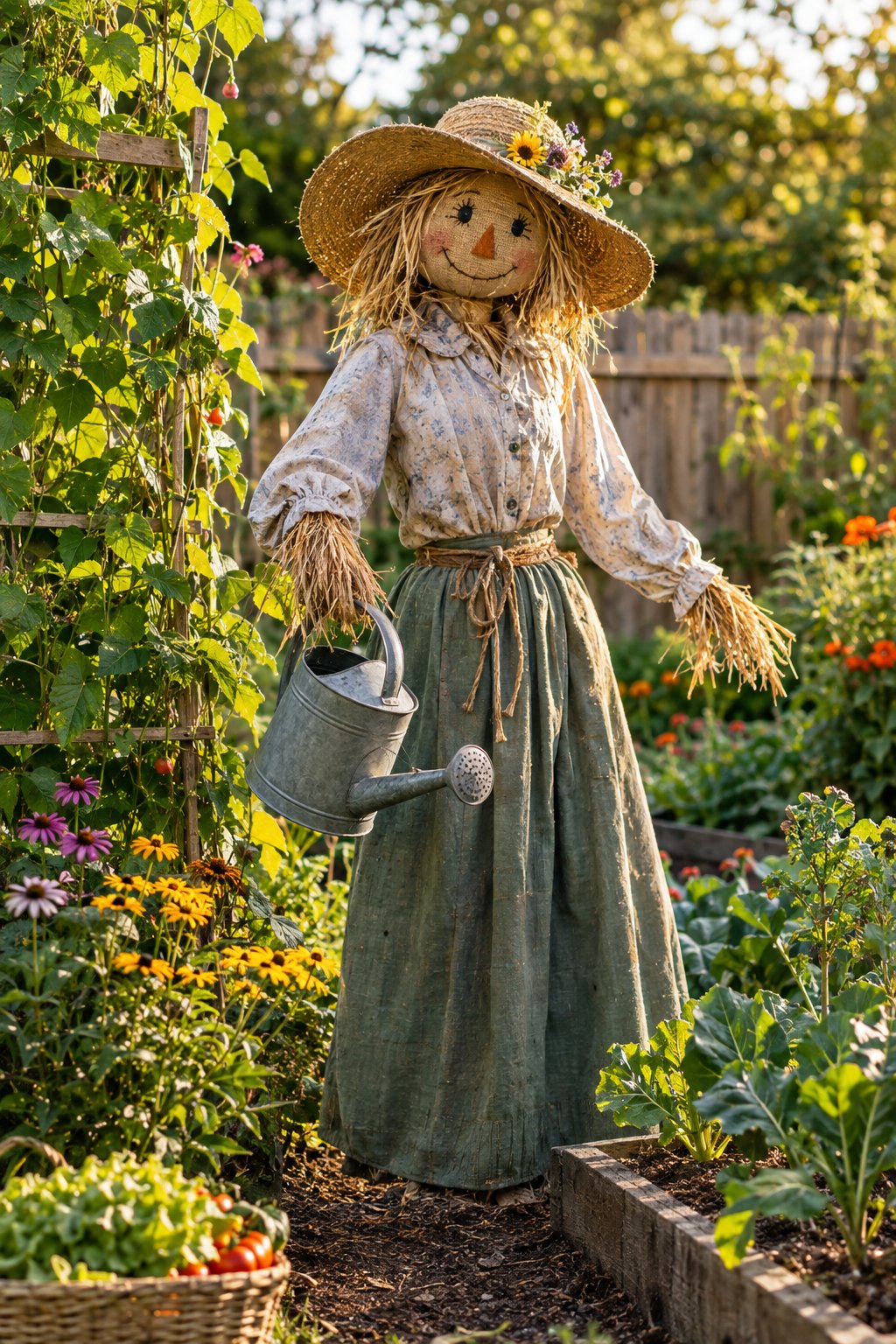 A lady scarecrow wearing a sun hat stands in a lush backyard garden holding a watering can.