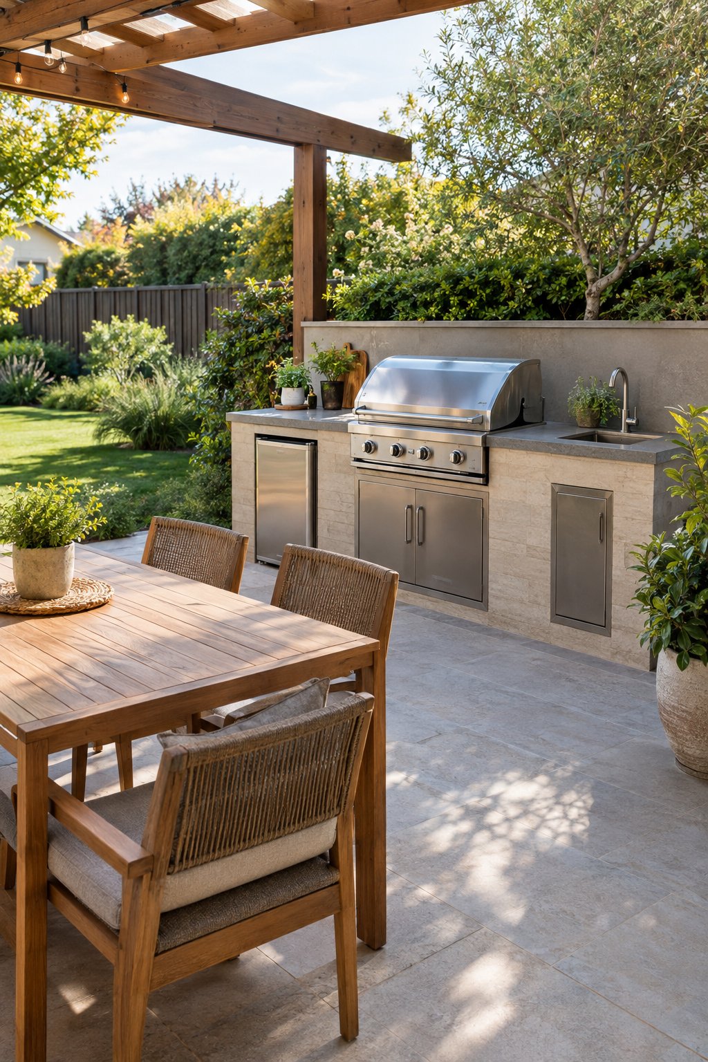 A compact outdoor kitchen with a built-in grill, countertop, storage, and nearby patio dining area in a landscaped backyard.