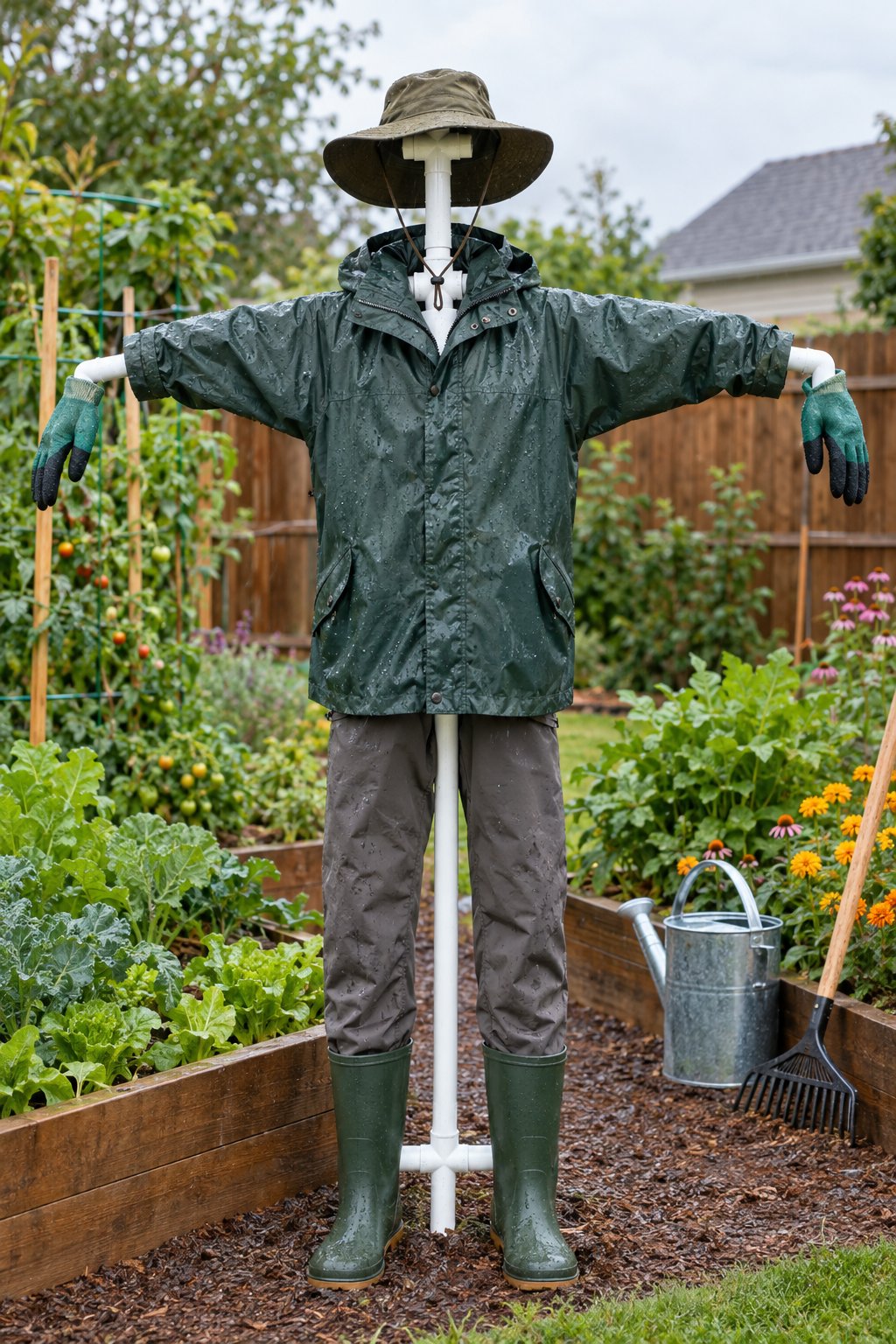 A PVC pipe scarecrow wearing waterproof clothing stands in a backyard garden.