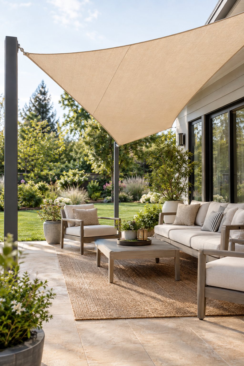 A landscaped backyard patio with seating beneath a large triangular shade sail.