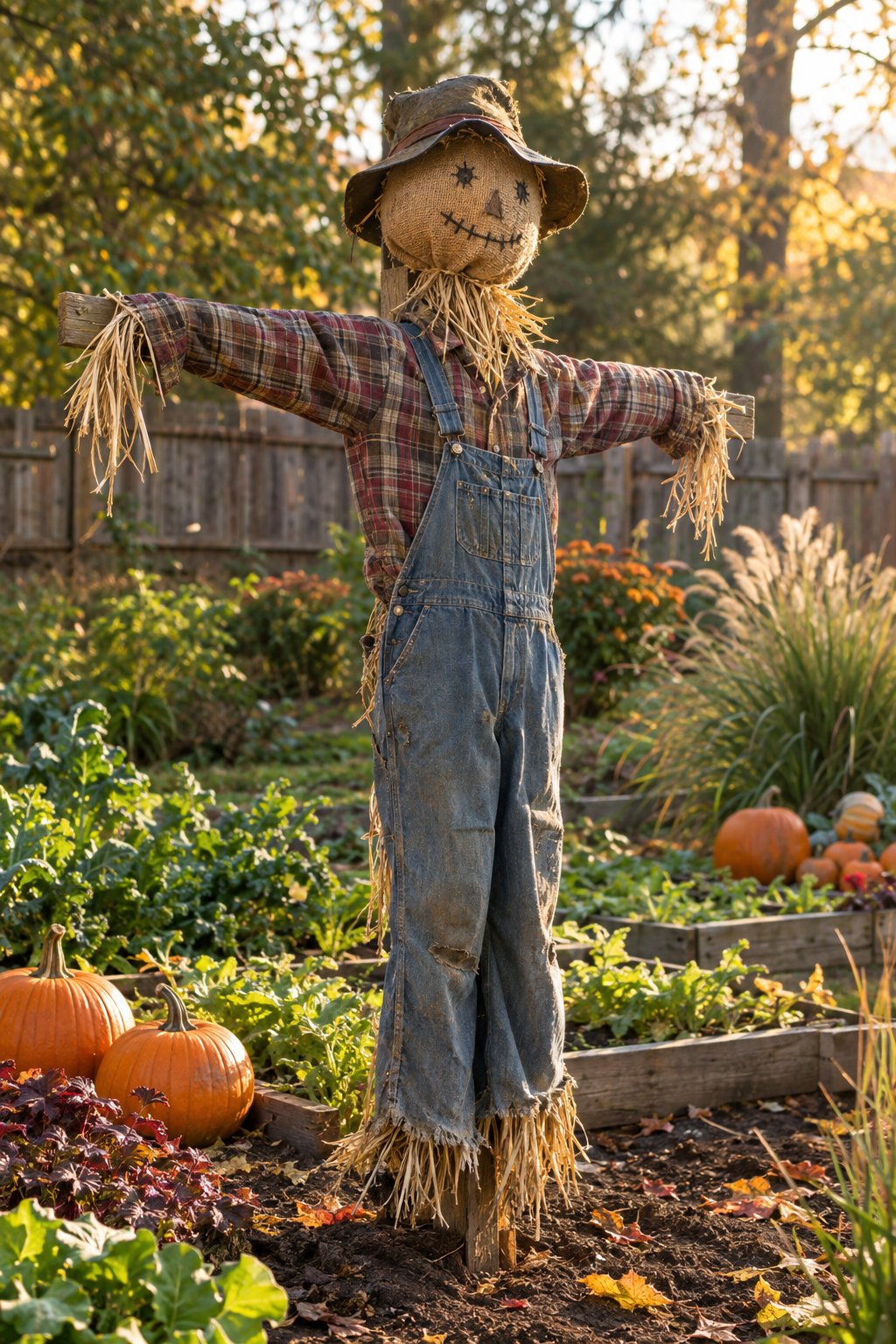 A burlap-faced straw scarecrow stands on a wooden cross frame in an autumn backyard garden.