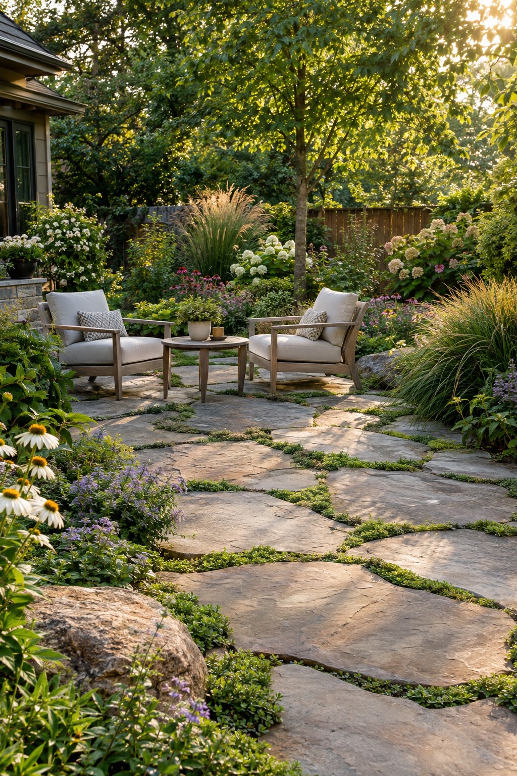 A backyard patio made of natural flagstones with green groundcover growing between the stones, surrounded by garden plants and outdoor seating.