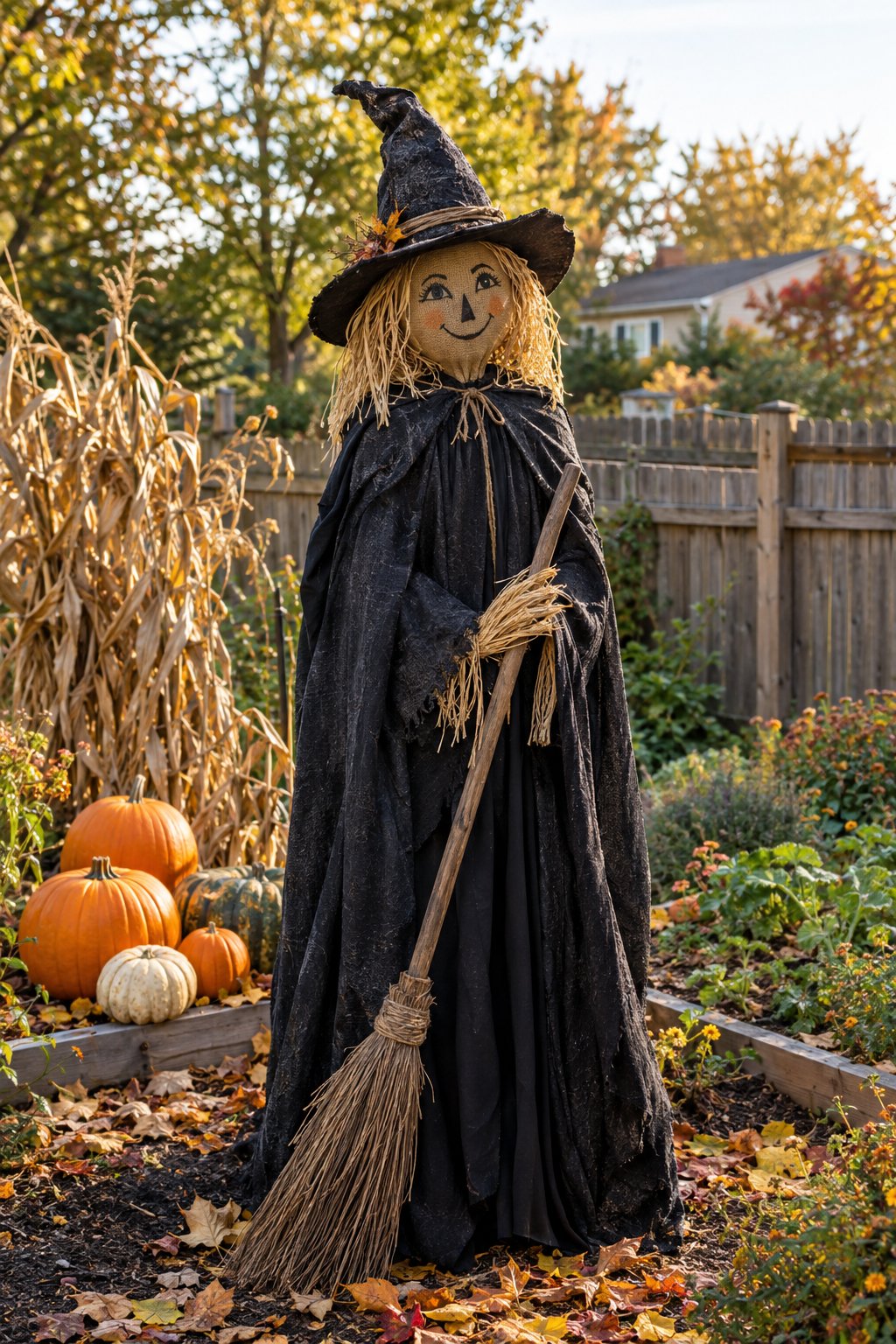 A witch scarecrow in a black cloak and pointed hat stands with a broom in an autumn backyard garden.