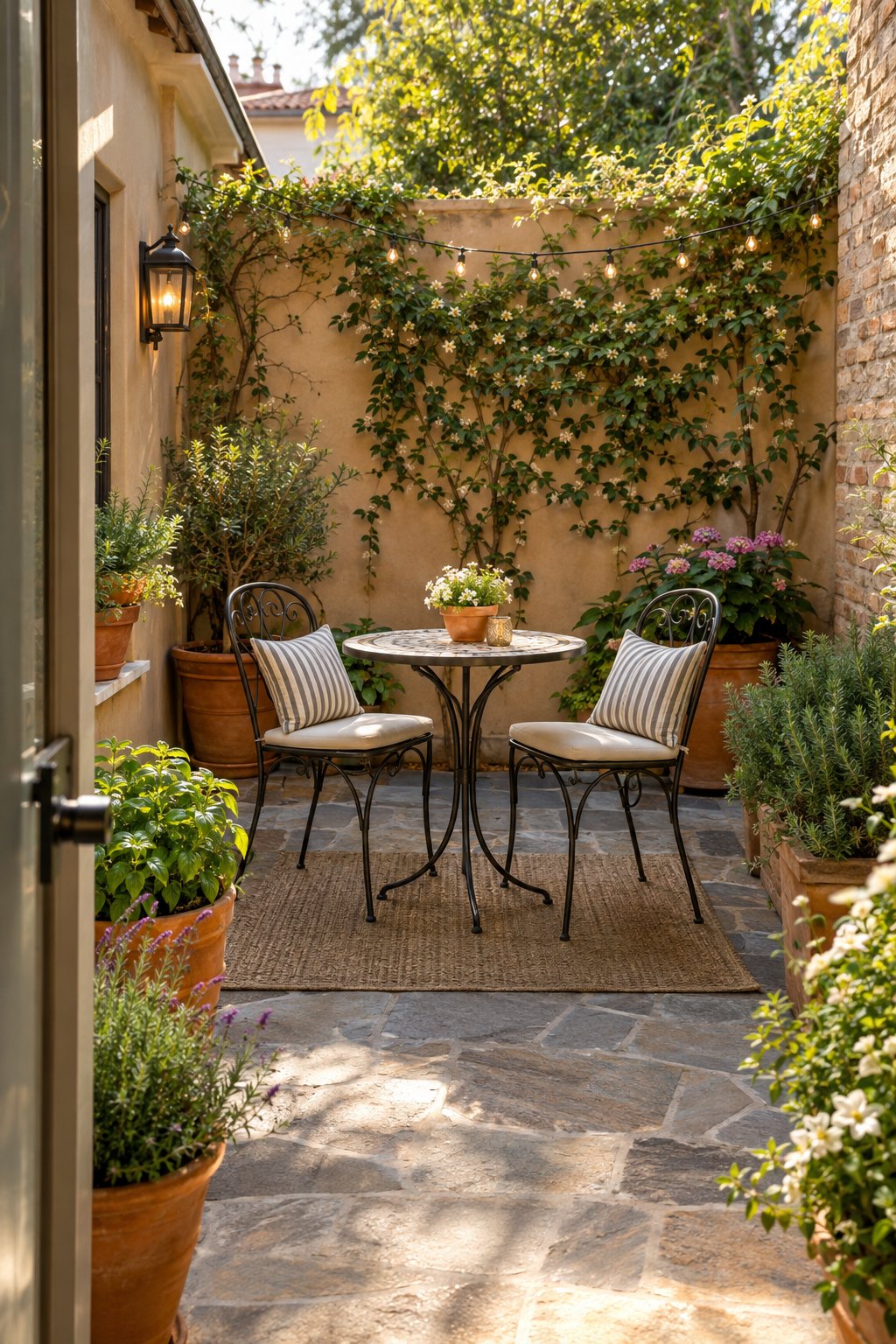 A small backyard courtyard patio with a round table, two bistro chairs, potted plants, and garden walls.
