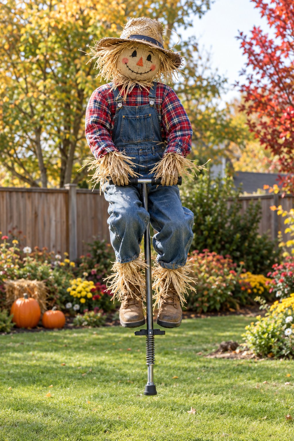 A cheerful scarecrow jumps on a pogo stick in a backyard lawn display.