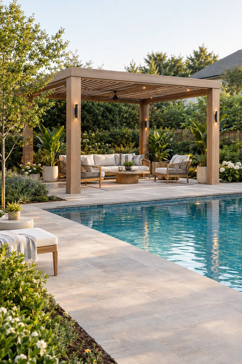 A landscaped backyard with a swimming pool, stone patio, and a pergola cabana furnished with outdoor seating.