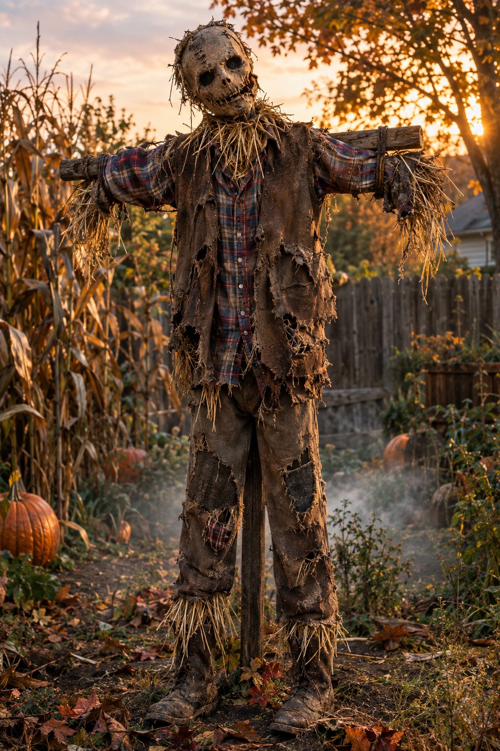 A tattered zombie scarecrow stands among pumpkins and dry plants in a backyard garden.