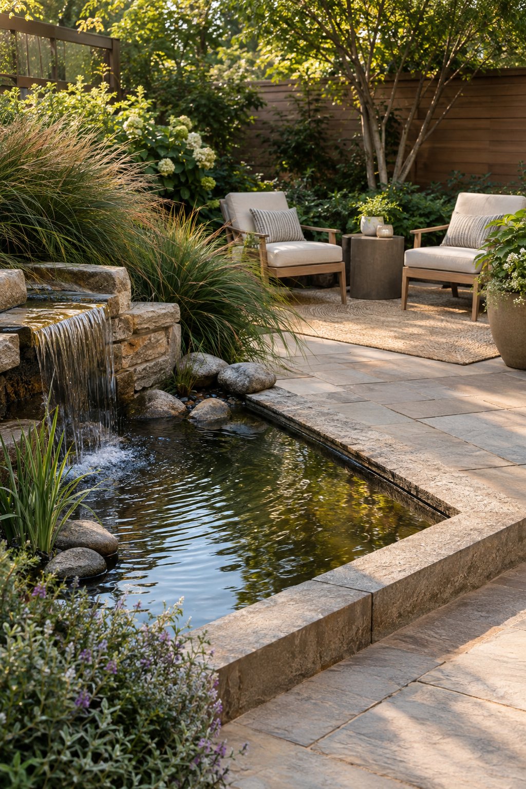 A quiet backyard seating nook beside a small landscaped water feature.