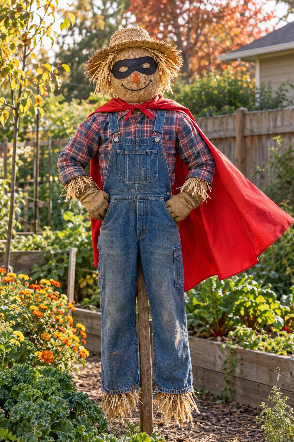 A superhero-themed scarecrow with a red cape and mask stands in a backyard garden.