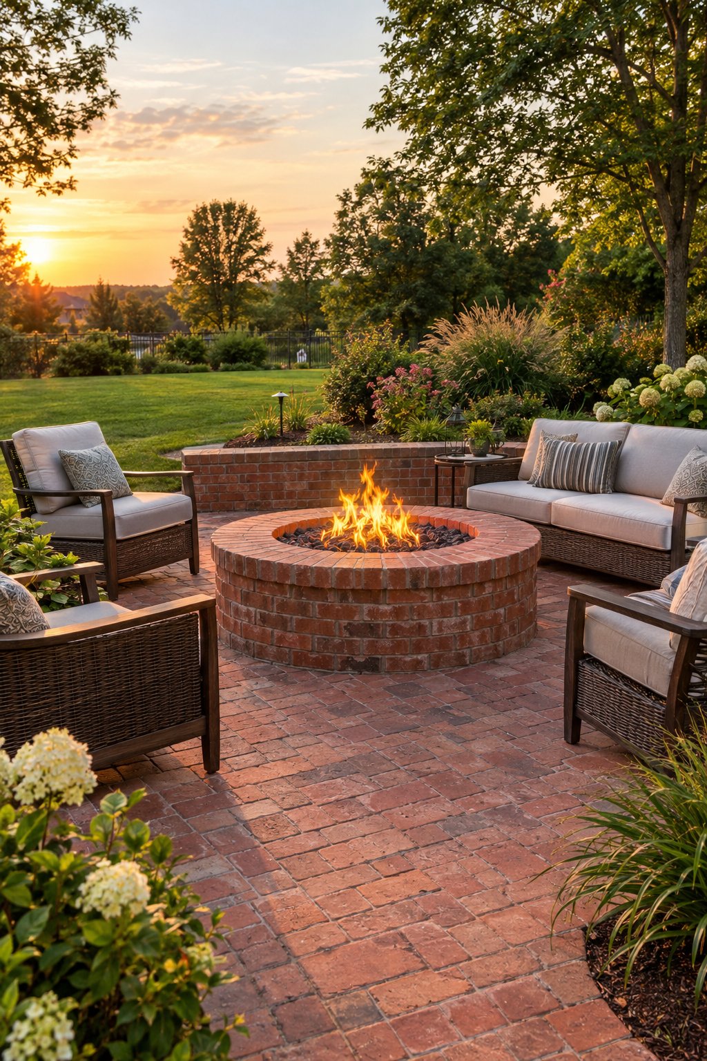 A brick backyard patio with a built-in fire pit, outdoor seating, and surrounding greenery.
