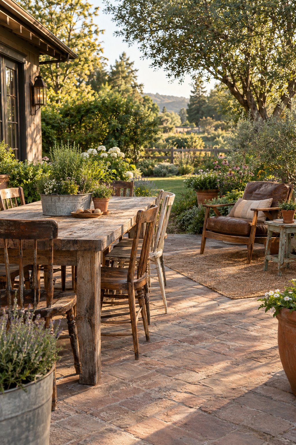 A rustic backyard patio with a reclaimed wood table, vintage chairs, potted plants, and surrounding greenery.