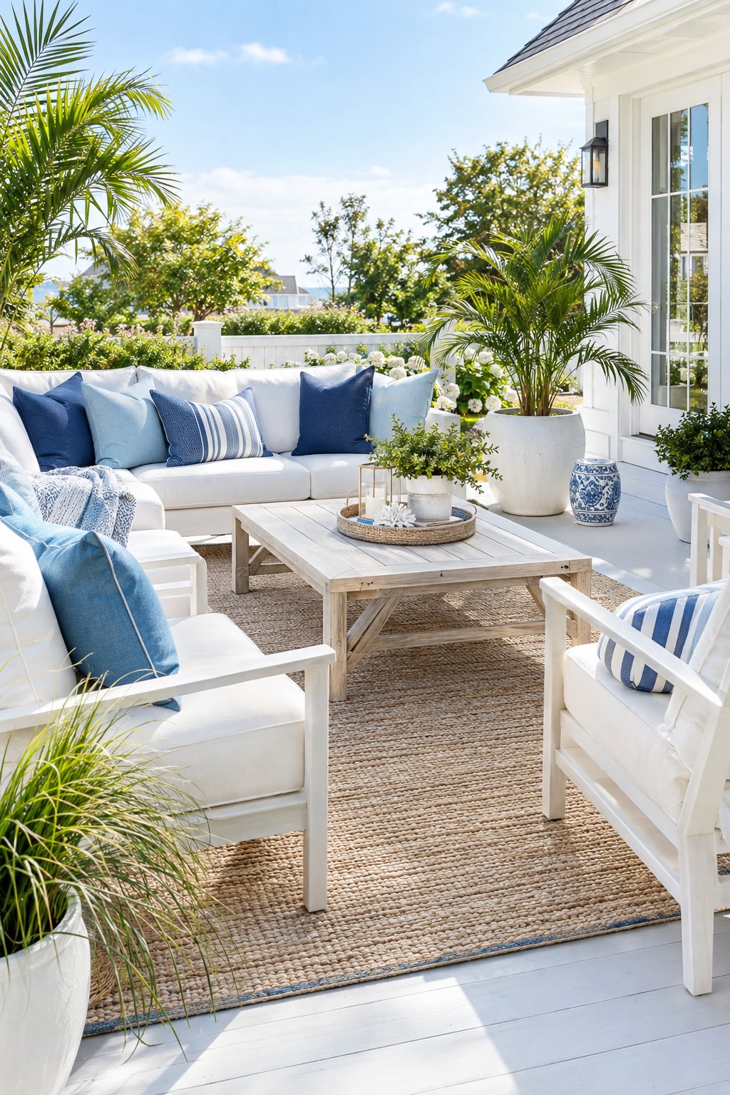 A blue-and-white coastal patio with outdoor seating, potted plants, and a coffee table in a sunny backyard.