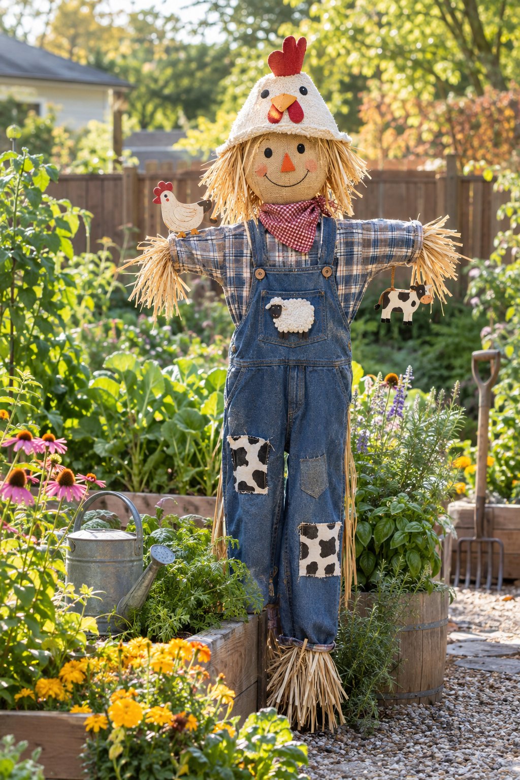 A farm-animal-themed scarecrow stands among flowers and vegetable beds in a family backyard garden.