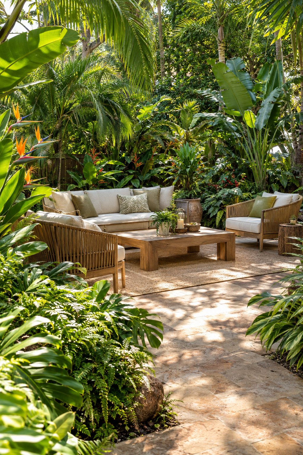 A secluded tropical patio surrounded by lush green plants and comfortable outdoor furniture.