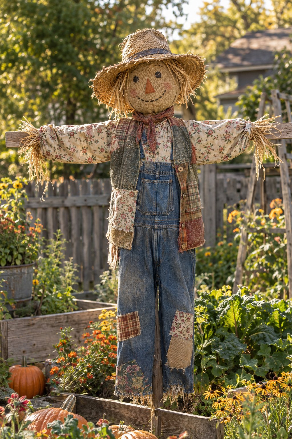 A rustic fabric scarecrow wearing vintage patchwork clothing stands among plants and pumpkins in a backyard garden.